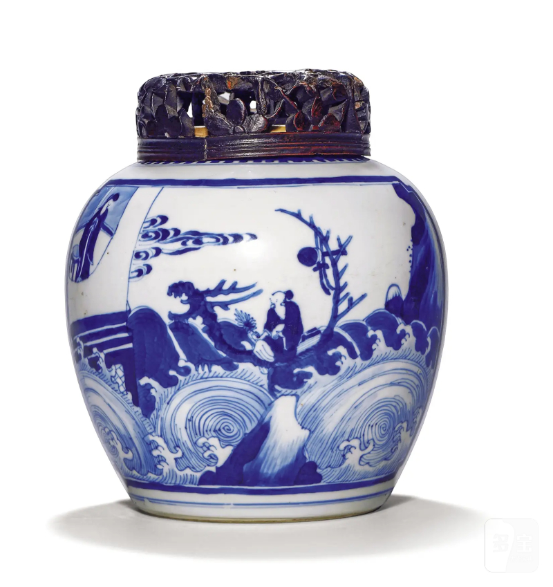 清康熙 青花仙人乘槎纹罐